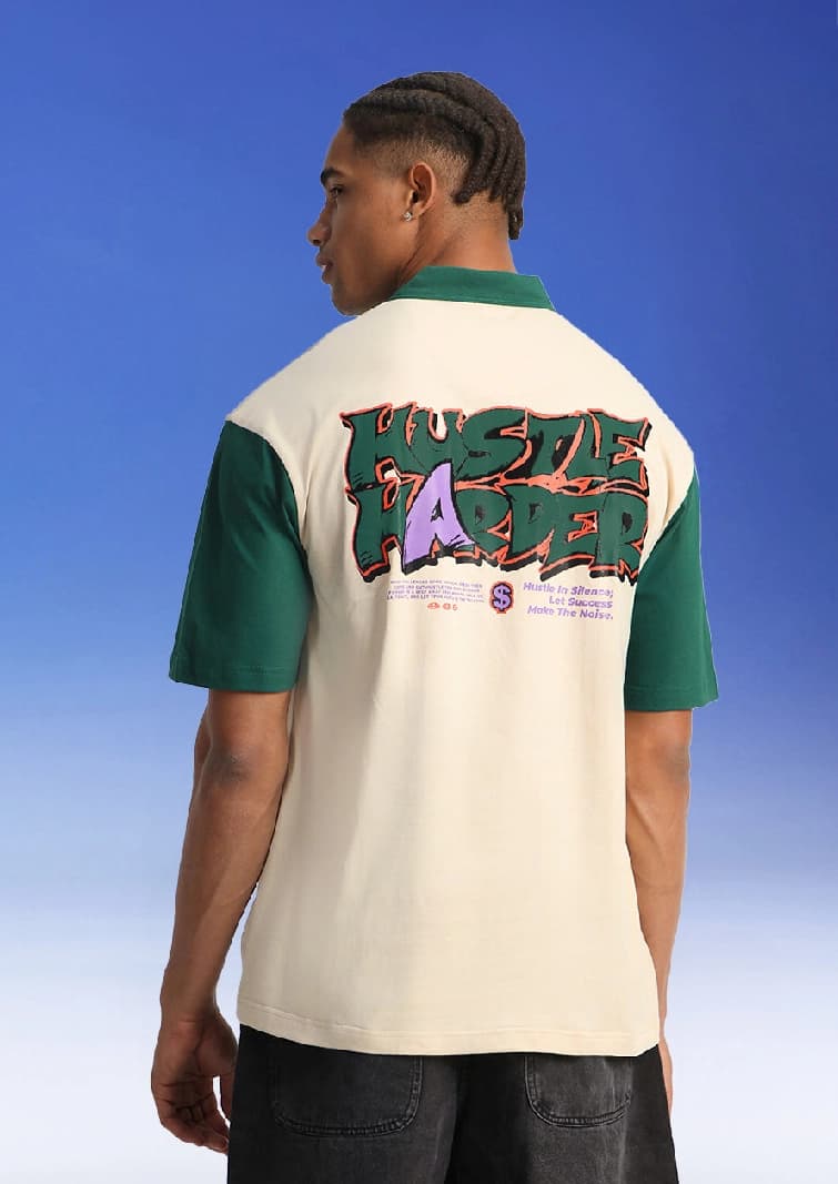 Men's Beige Casual Printed Oversized Fit Polo Tshirt