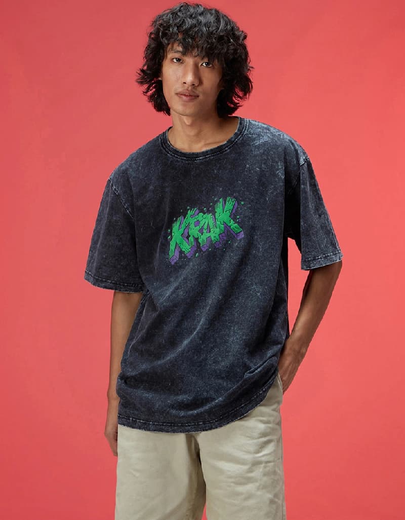 Men's Black Casual Printed Oversized Fit Tshirt