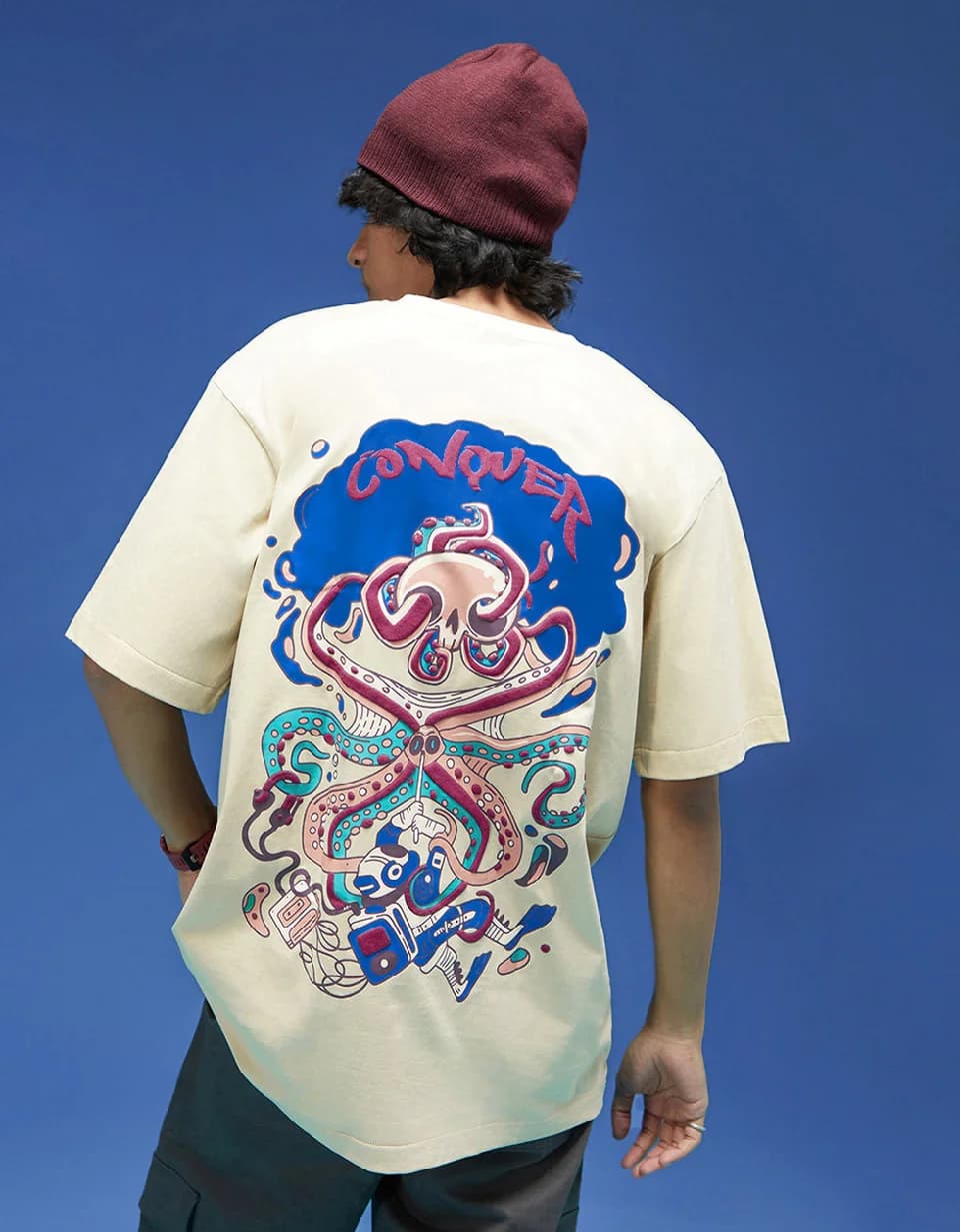 Men's White Casual Printed Oversized Fit Tshirt