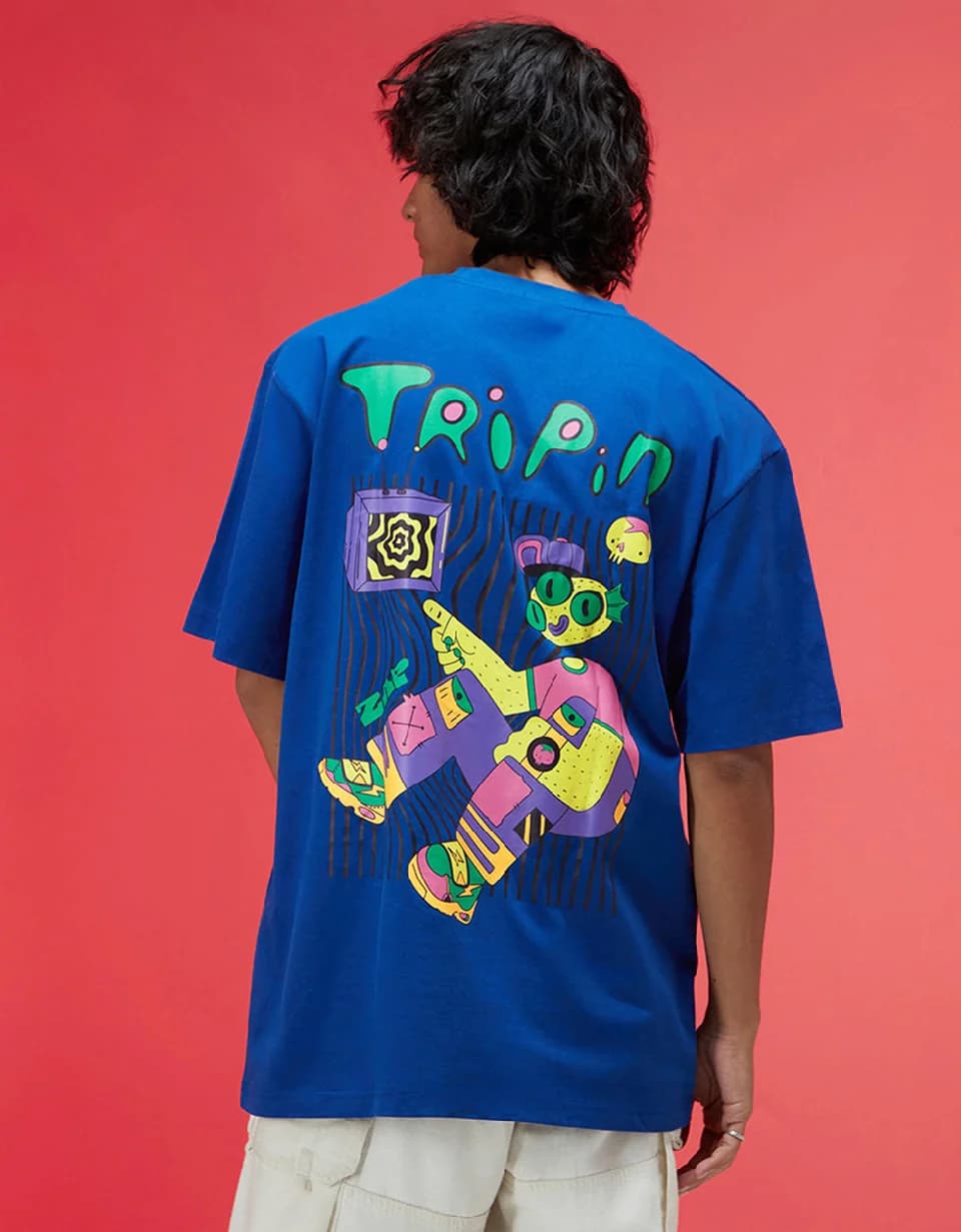 Men's Blue Casual Printed Oversized Fit Tshirt