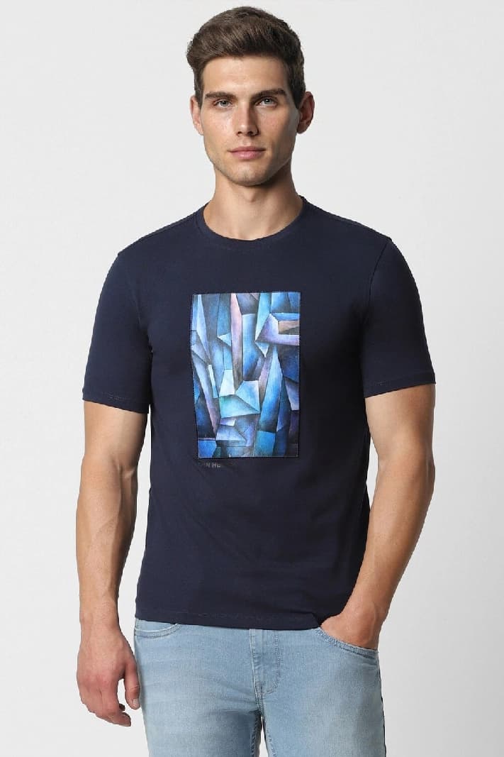 Men's Navy Casual Printed Slim Fit Tshirt