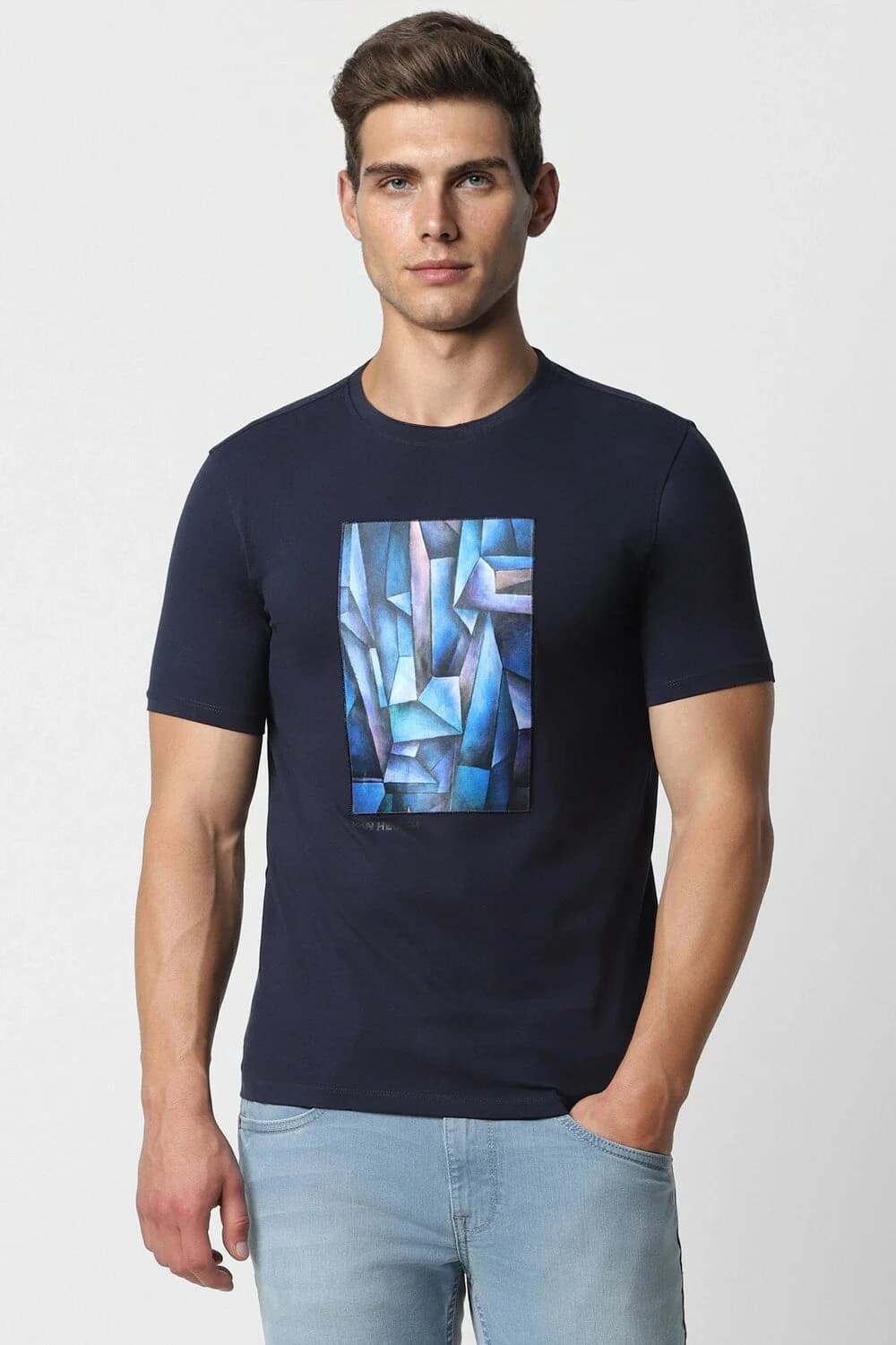 Men's Navy Casual Printed Slim Fit Tshirt