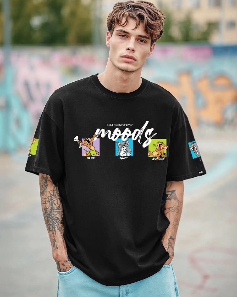 Men's Black Casual Printed Oversized Fit Tshirt