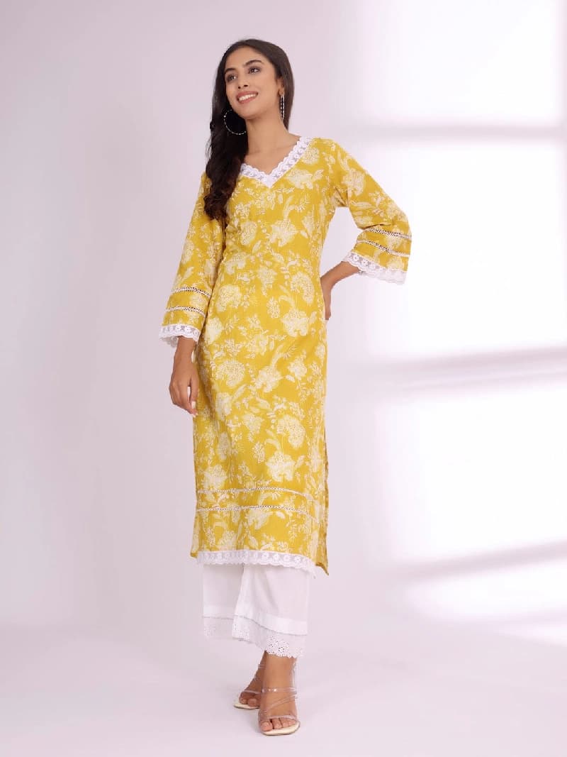 Women's Yellow Festive Printed Regular Fit Kurta