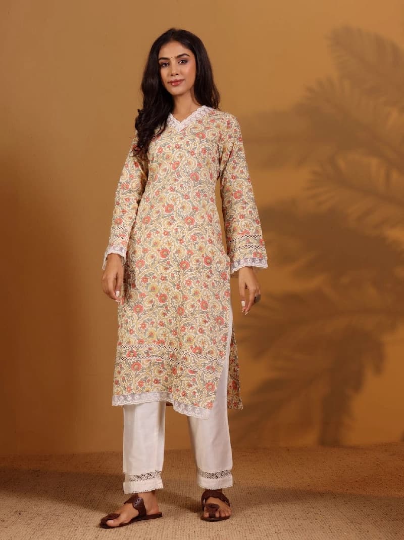 Women's White Festive Printed Regular Fit Kurta