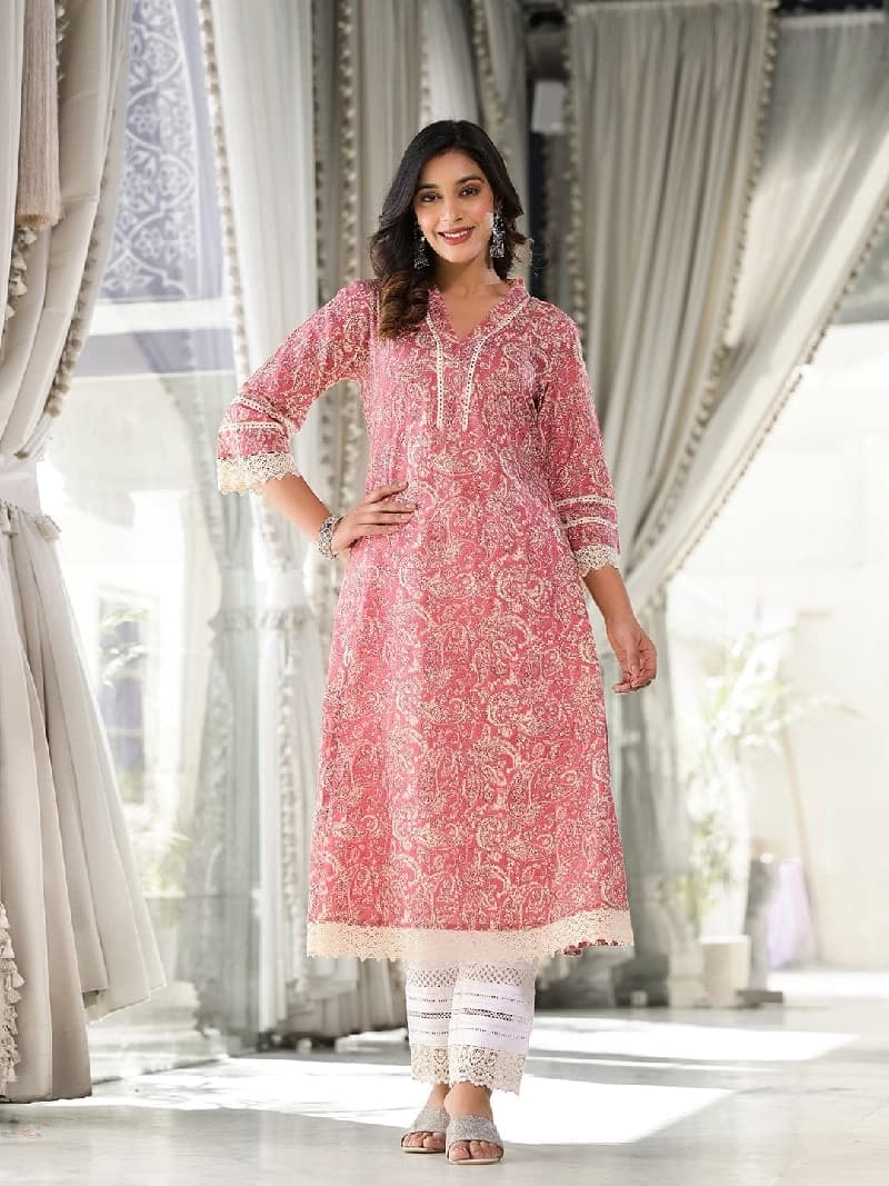 Women's Pink Festive Printed Regular Fit Kurta