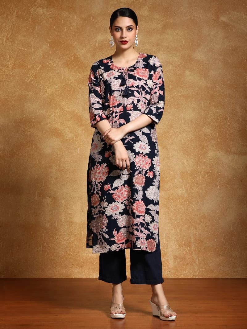 Women's Navy Festive Printed Regular Fit Kurta