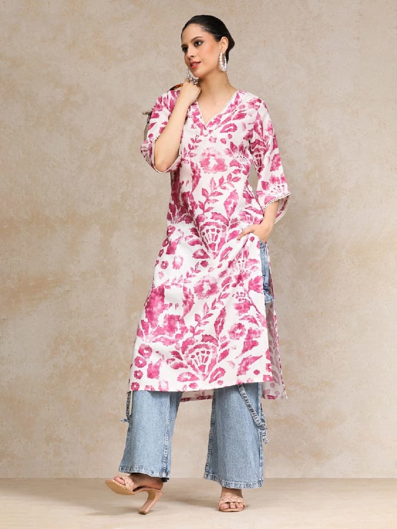 Women's White Festive Printed Regular Fit Kurta