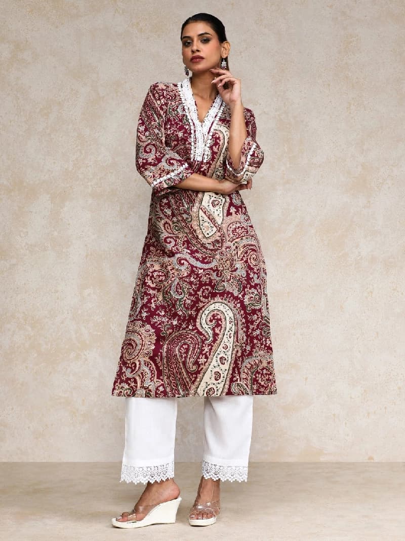 Women's Red Festive Printed Regular Fit Kurta