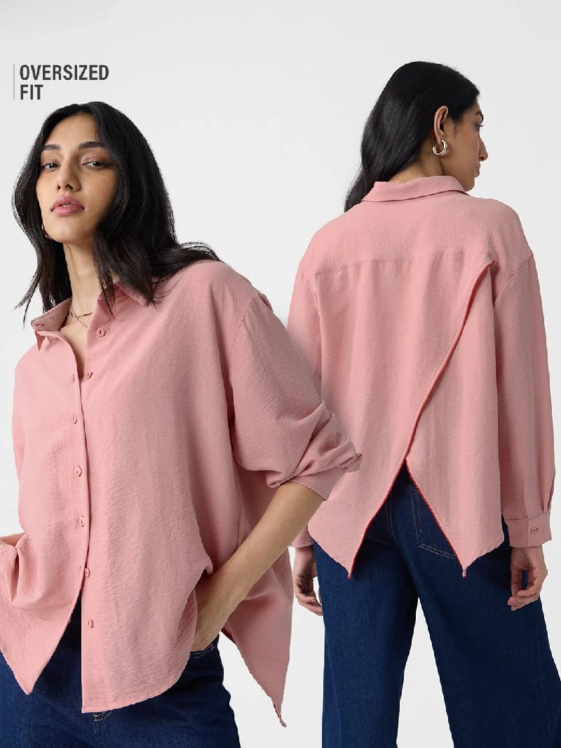 Women's Pink Casual Solid Oversized Fit Shirt