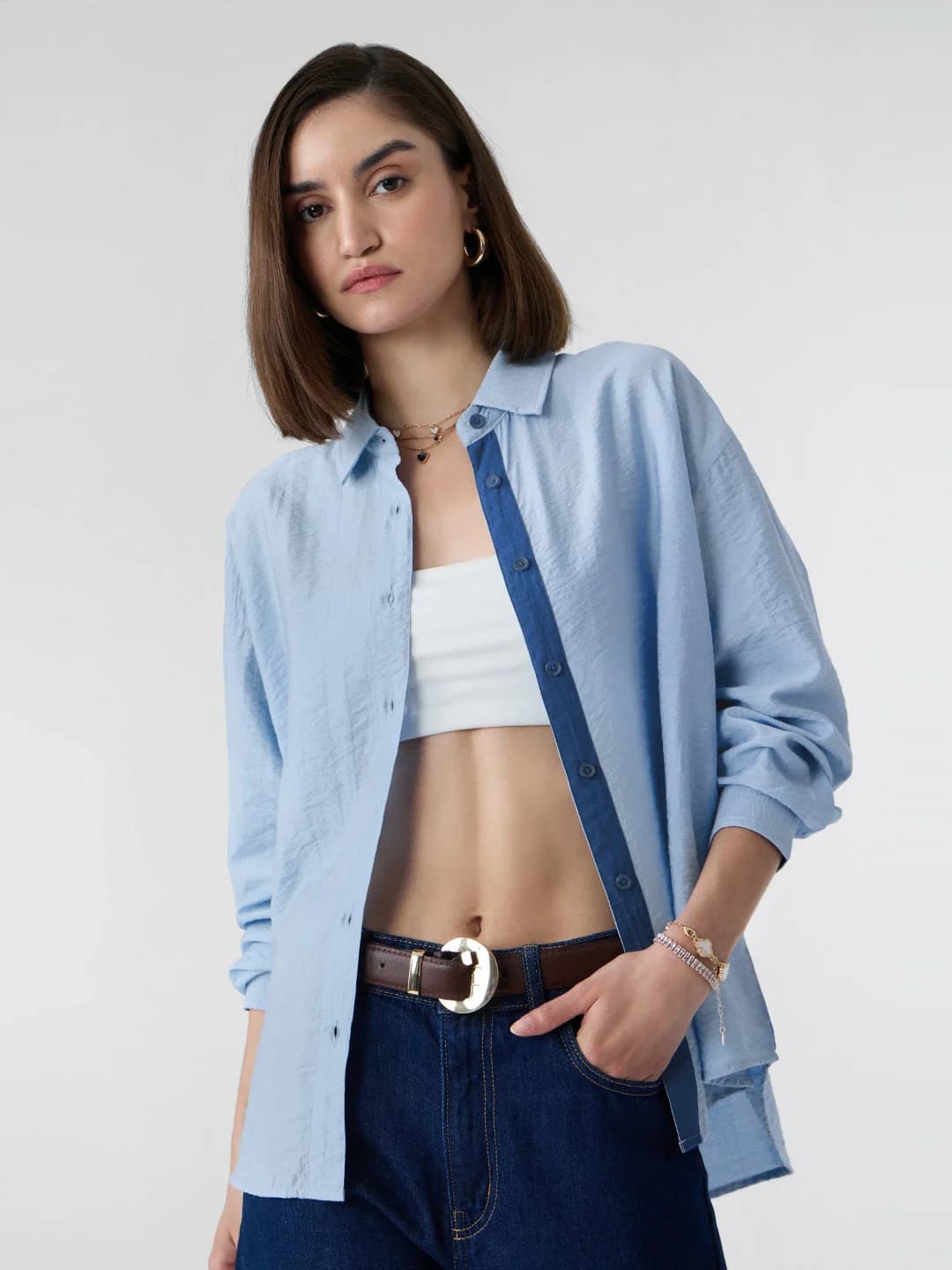 Women's Blue Casual Solid Oversized Fit Shirt