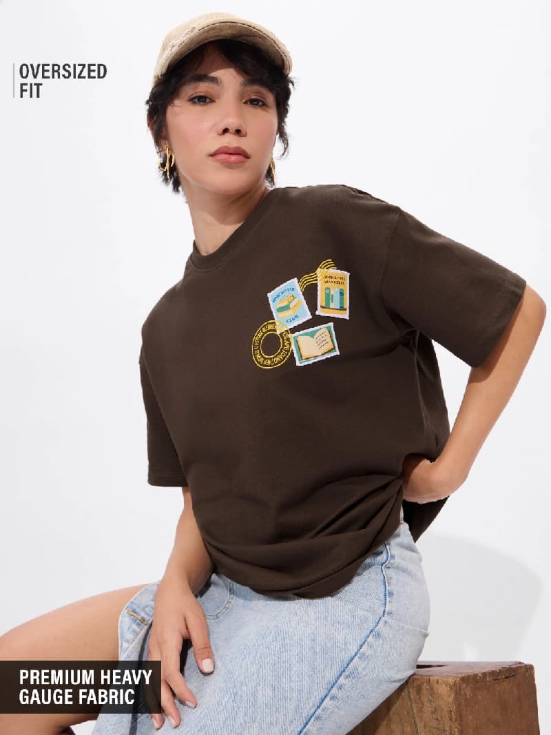 Women's Brown Casual Printed Oversized Fit Tshirt