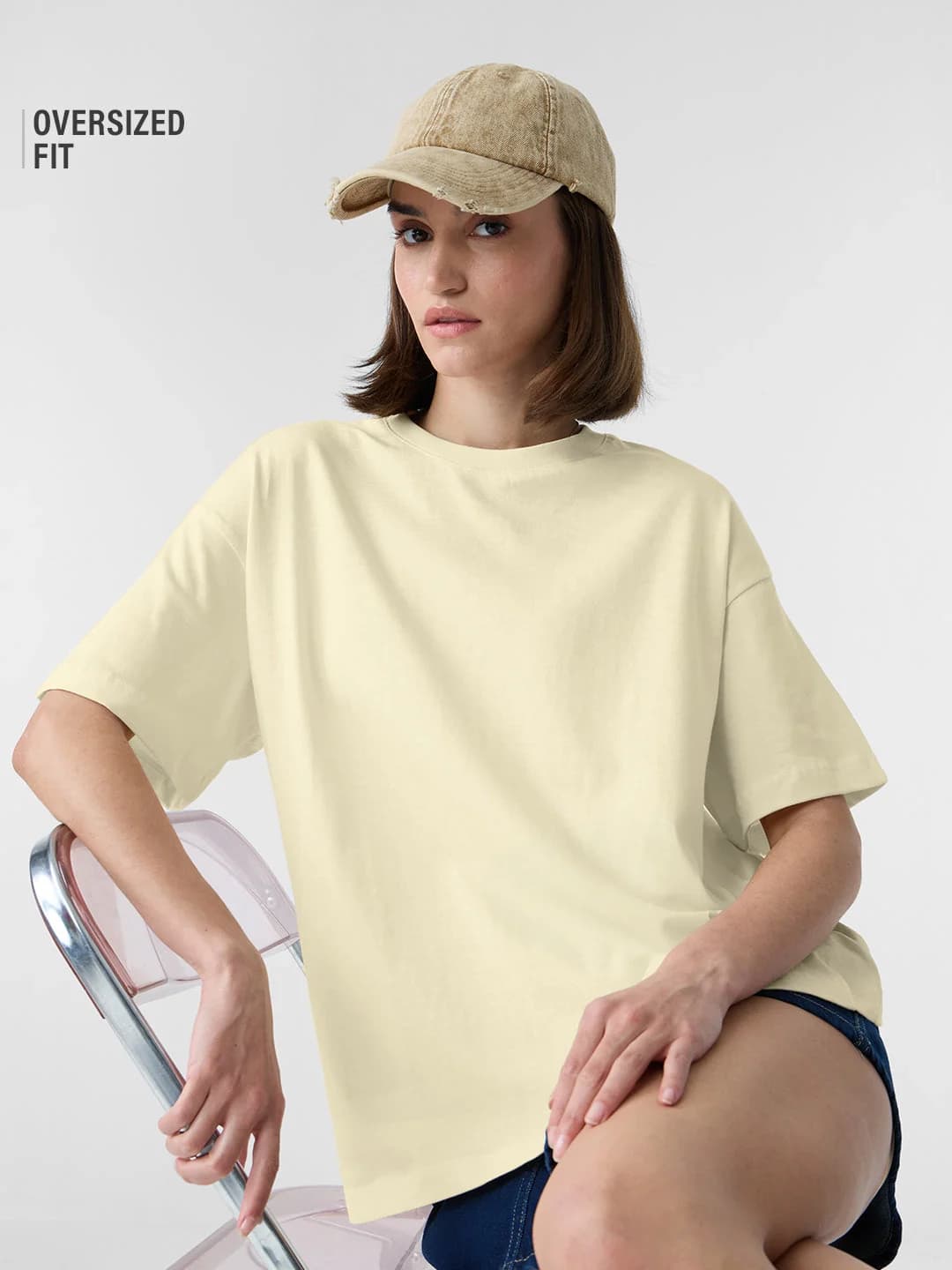 Women's Beige Casual Solid Oversized Fit Tshirt