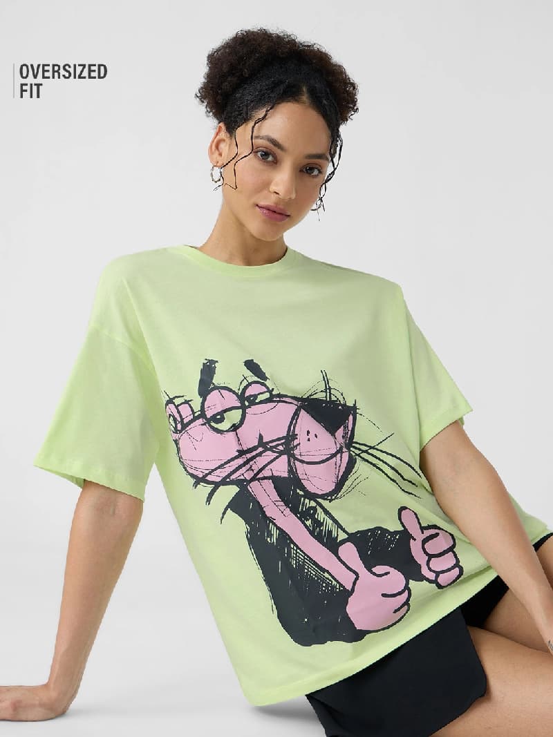 Women's Green Casual Printed Oversized Fit Tshirt
