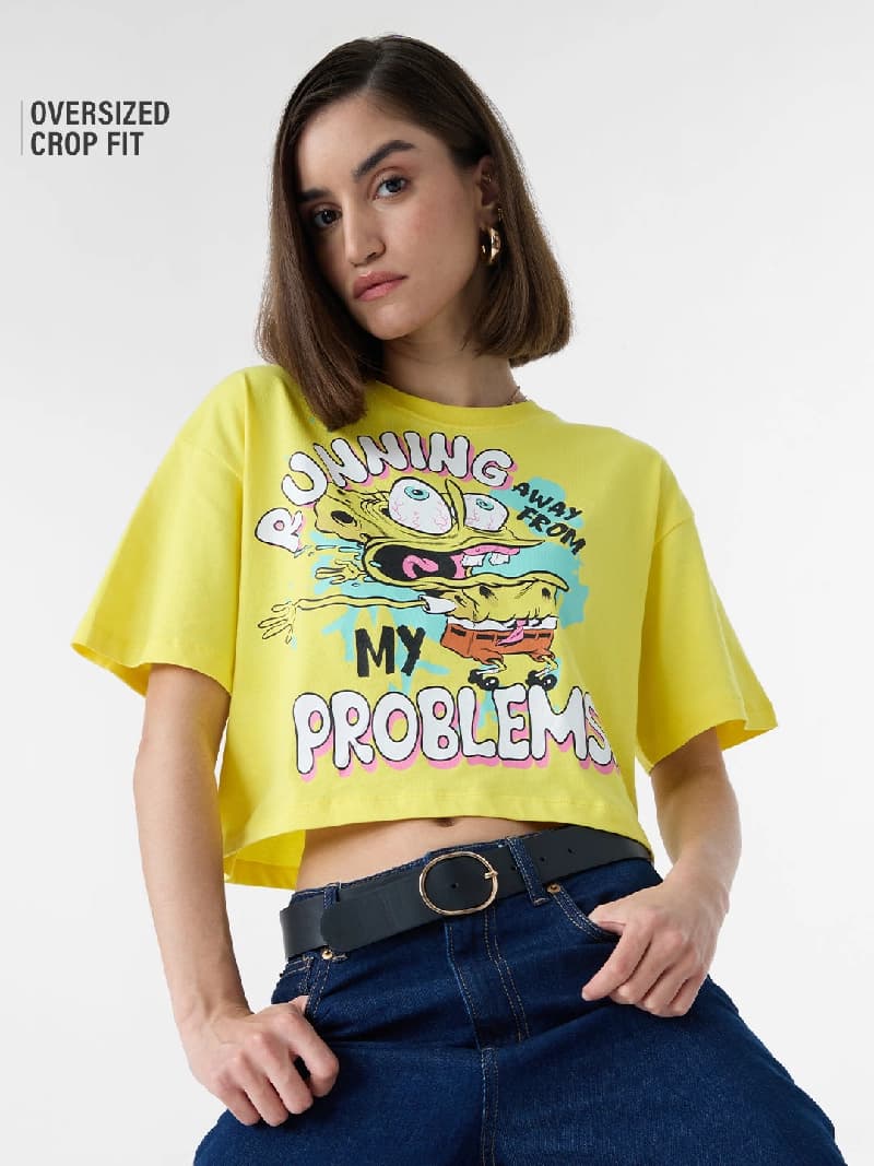 Women's Yellow Casual Printed Oversized Fit Tshirt