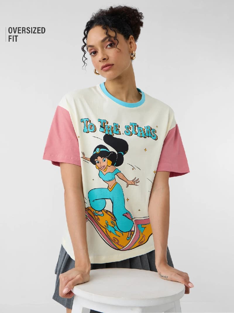 Women's Beige Casual Printed Oversized Fit Tshirt