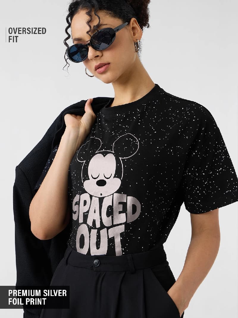 Women's Black Casual Printed Oversized Fit Tshirt