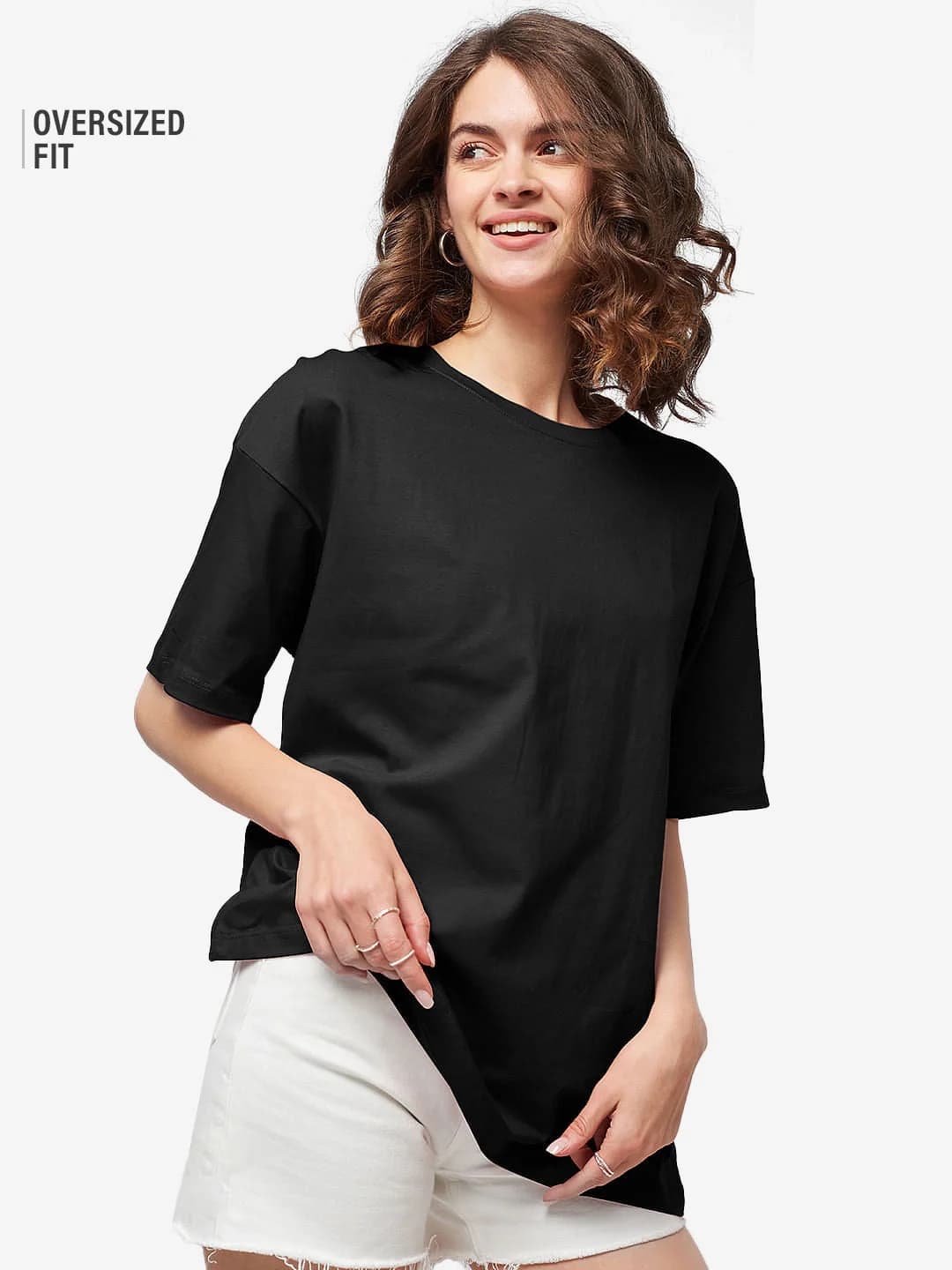 Women's Black Casual Solid Oversized Fit Tshirt