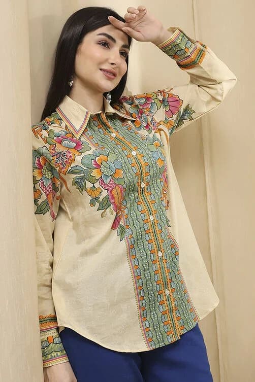 Women's Beige Festive Printed Regular Fit Shirt