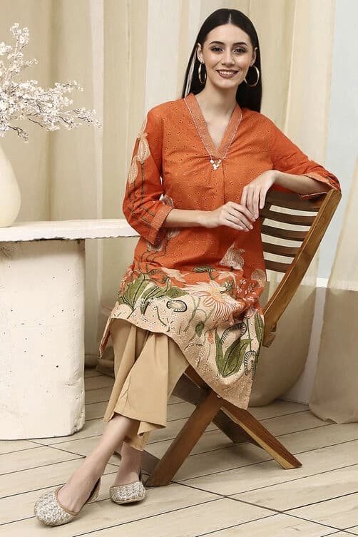 Women's Orange Festive Printed Regular Fit Kurta