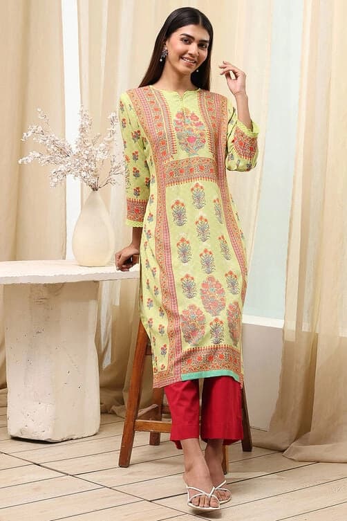Women's Green Festive Printed Regular Fit Kurta
