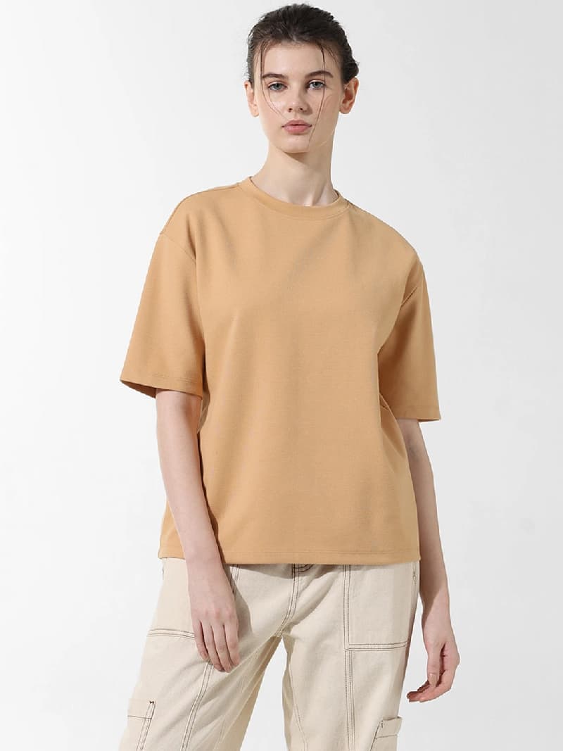 Women's Beige Casual Solid Tshirt