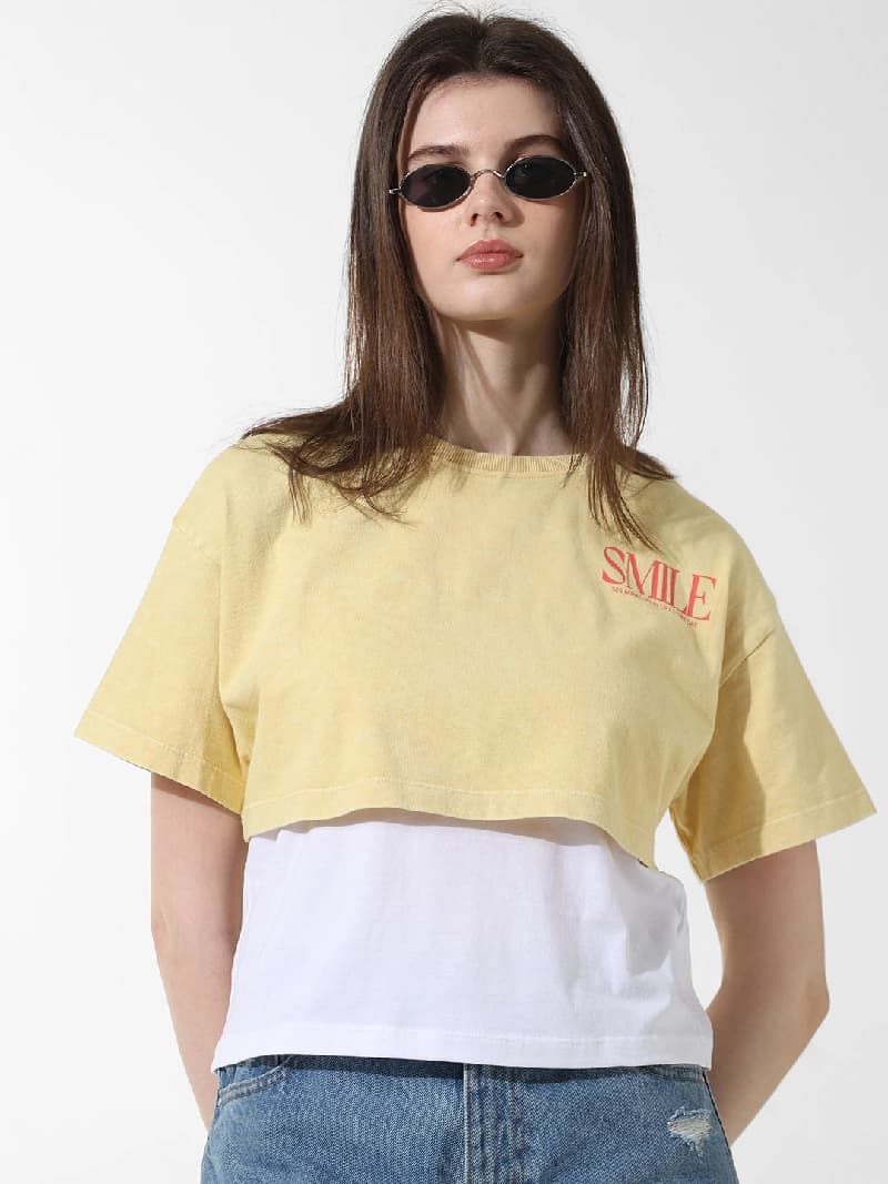 Women's Yellow Casual Solid Tshirt
