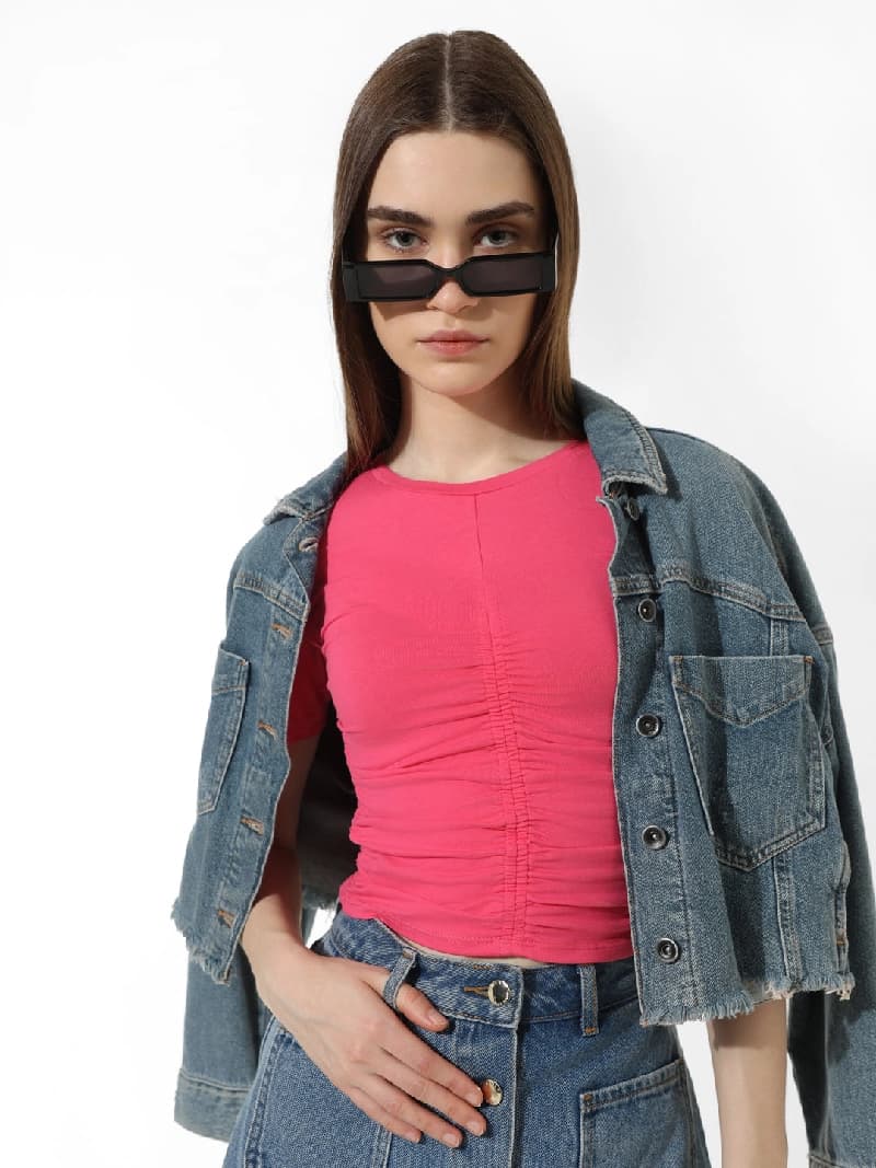 Women's Pink Casual Solid Tshirt