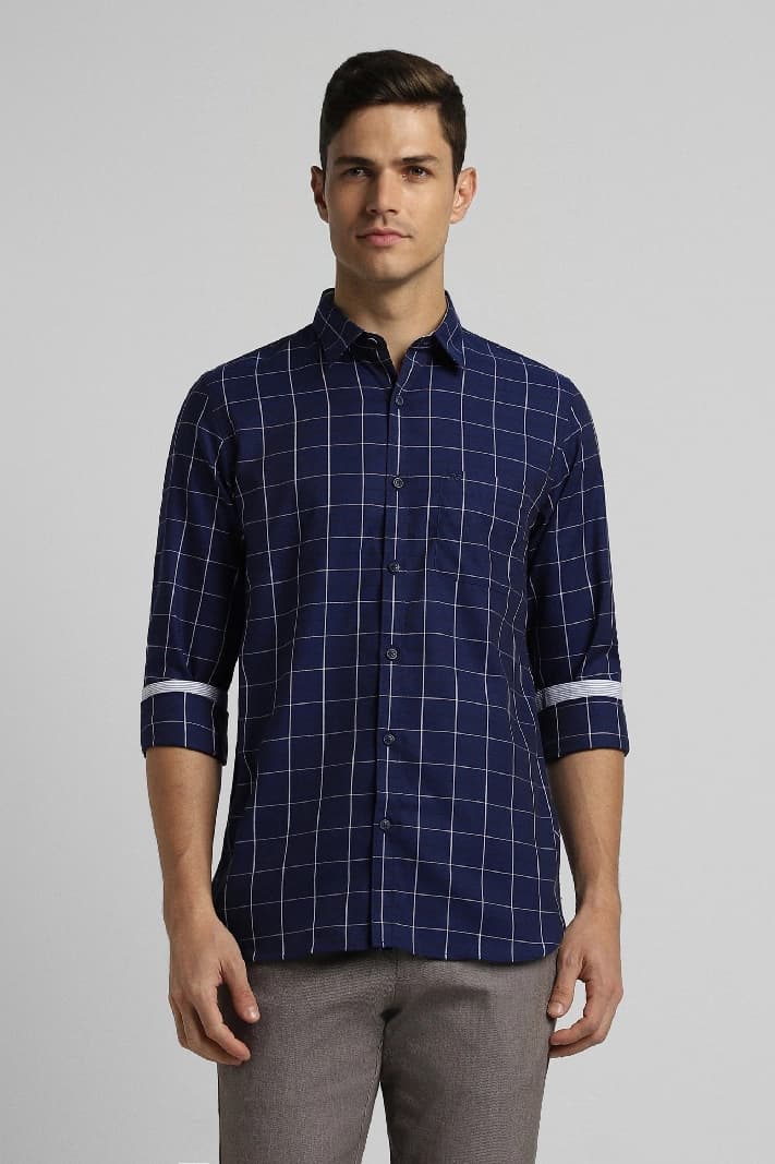 Men's Navy Casual Checked Regular Fit Shirt