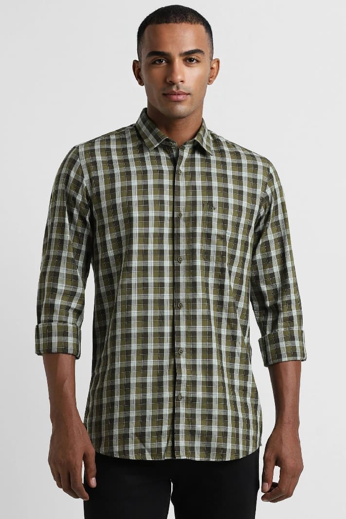 Men's Green Casual Checked Regular Fit Cotton Shirt