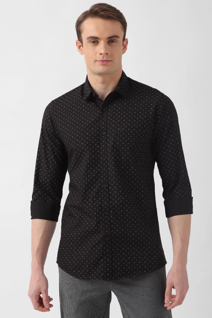 Men's Black Casual Printed Regular Fit Shirt