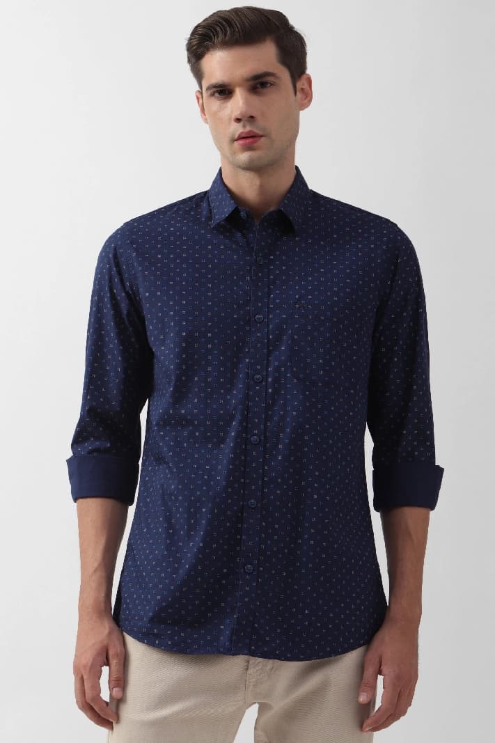 Men's Navy Casual Printed Regular Fit Cotton Shirt