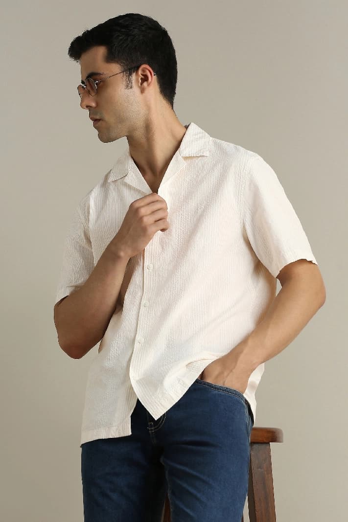 Men's White Casual Striped Regular Fit Shirt