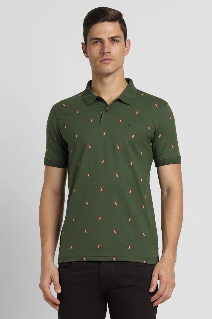 Men's Green Casual Printed Regular Fit Polo Tshirt