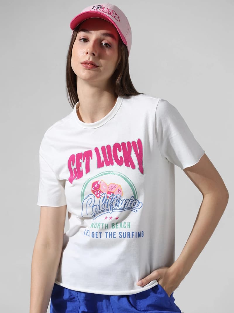 Women's White Casual Printed Tshirt