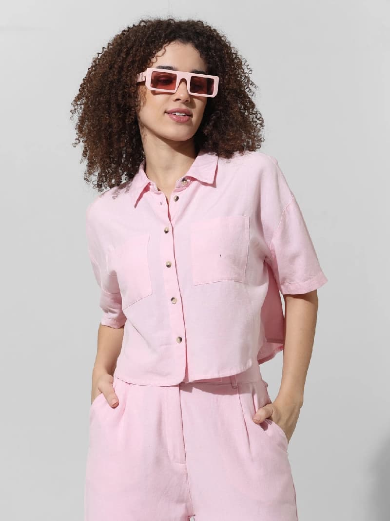 Women's Pink Casual Solid Shirt