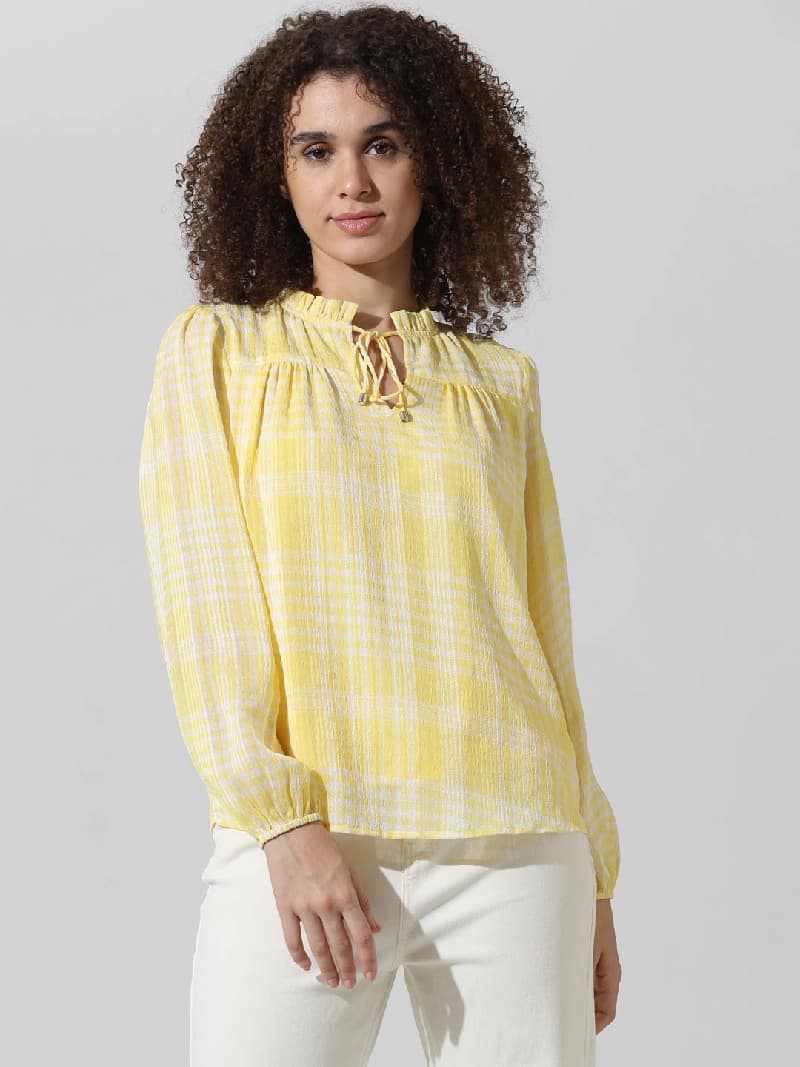 Women's Yellow Casual Checked Top