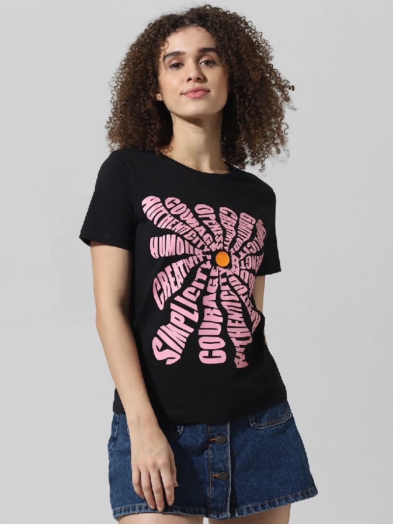 Women's Black Casual Printed Tshirt
