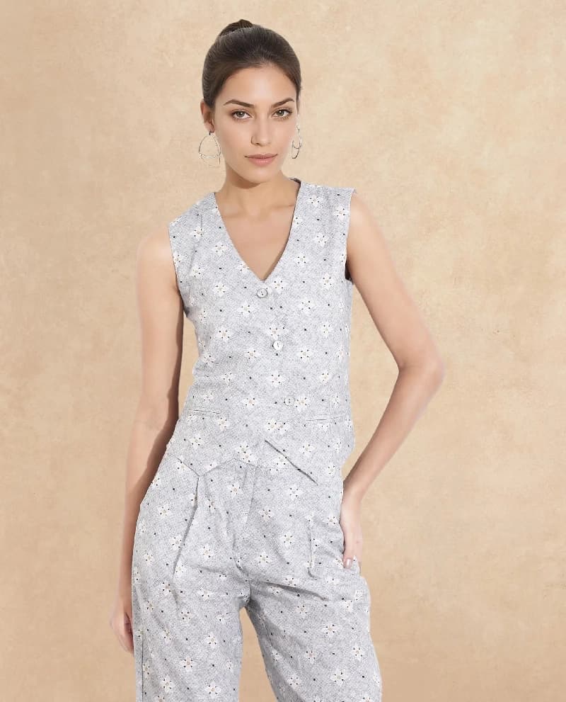 Women's Grey Formal Printed Regular Fit Top