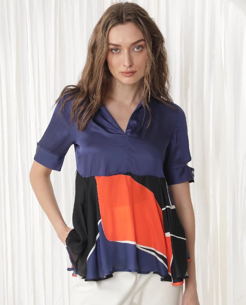 Women's Navy Casual Printed Regular Fit Top