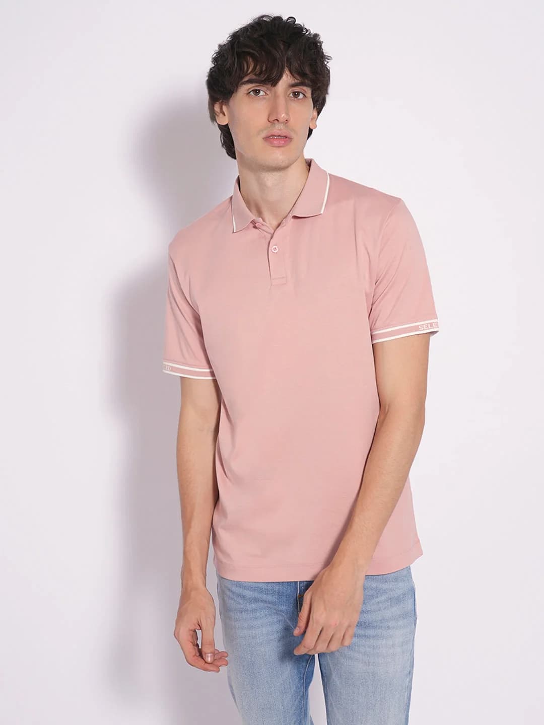 Men's Peach Casual Slim Fit Solid Half Sleeves Polo Tshirt
