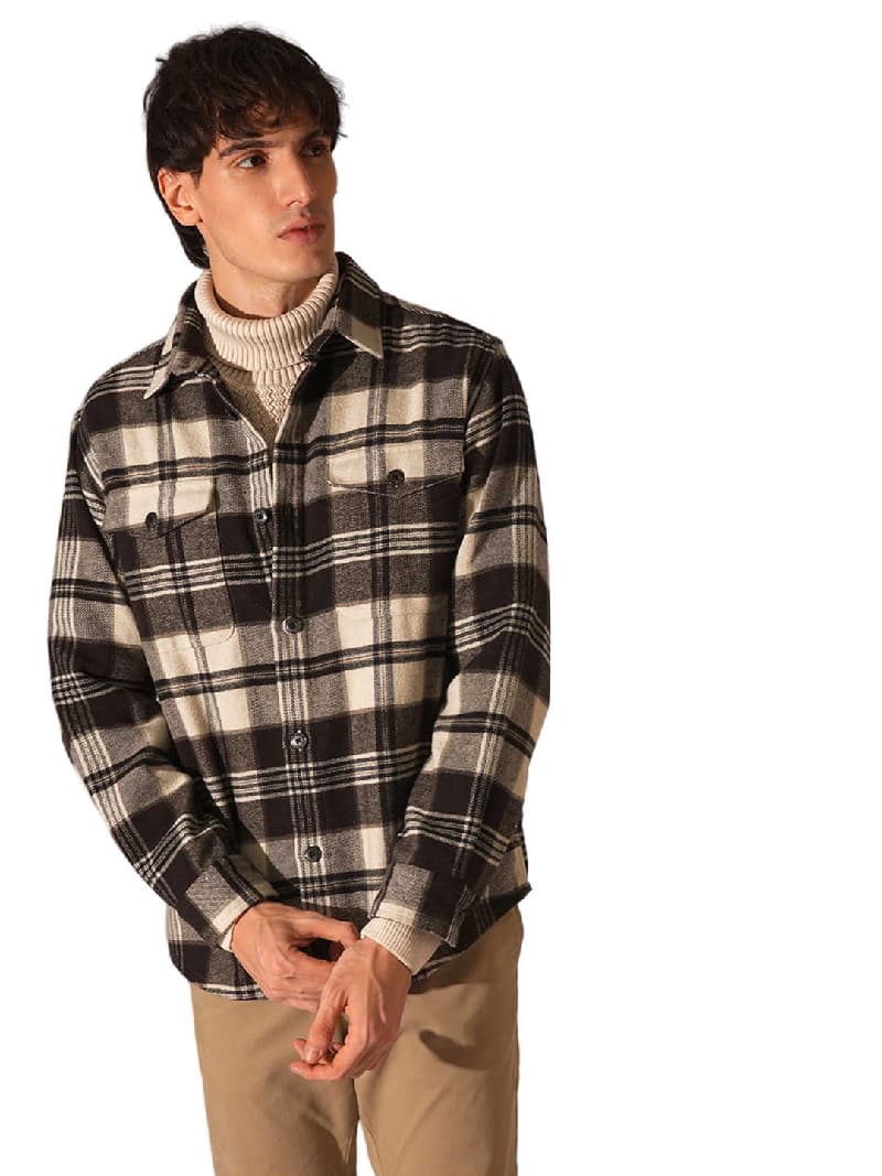 Men's Brown Casual Regular Fit Checked Full Sleeves Jacket