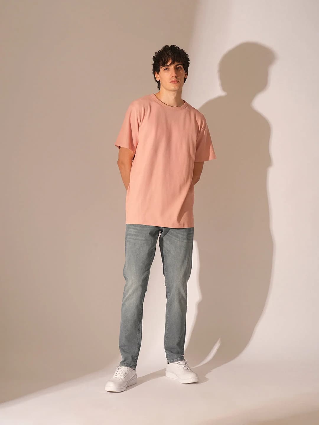 Men's Peach Casual Solid Half Sleeves Tshirt