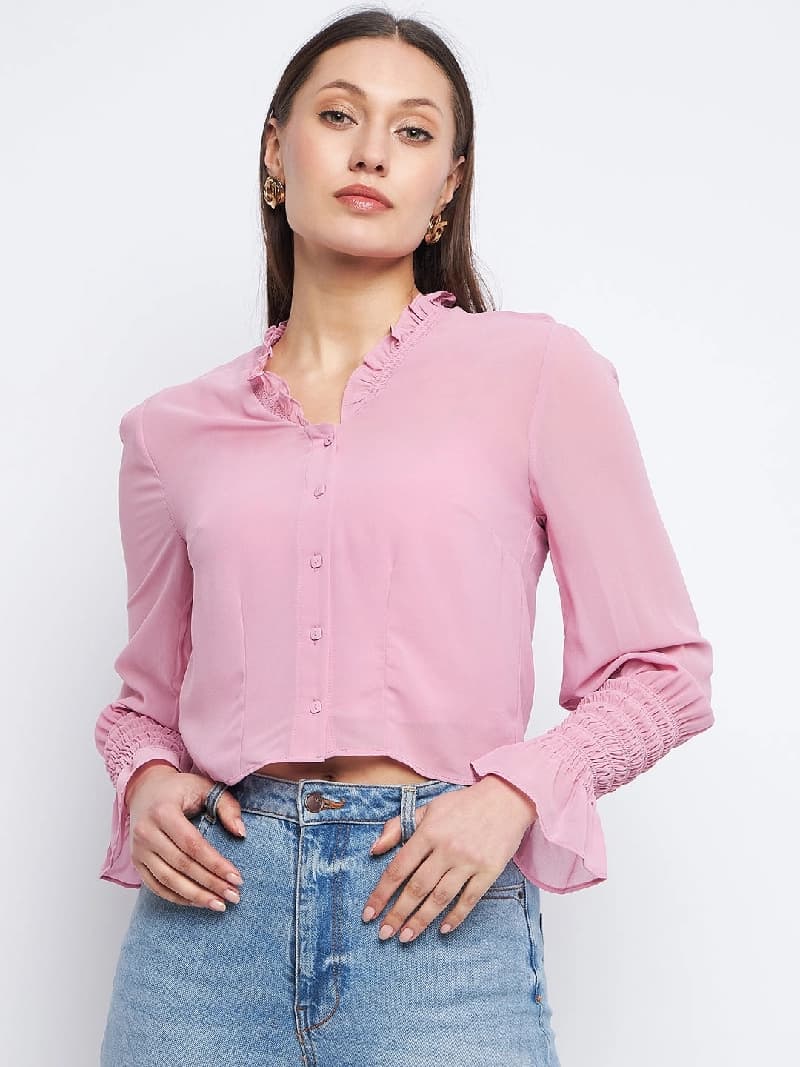 Women's Pink Casual Solid Regular Fit Top