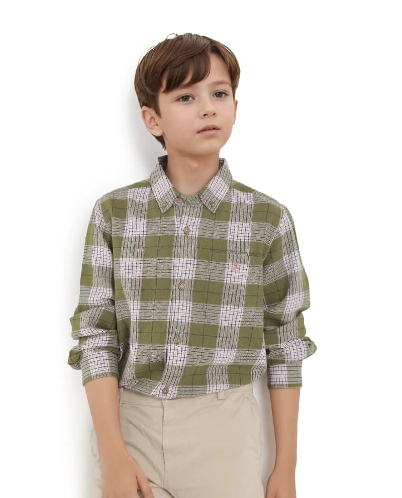 Boys Green Casual Regular Fit Checked Full Sleeves Shirt