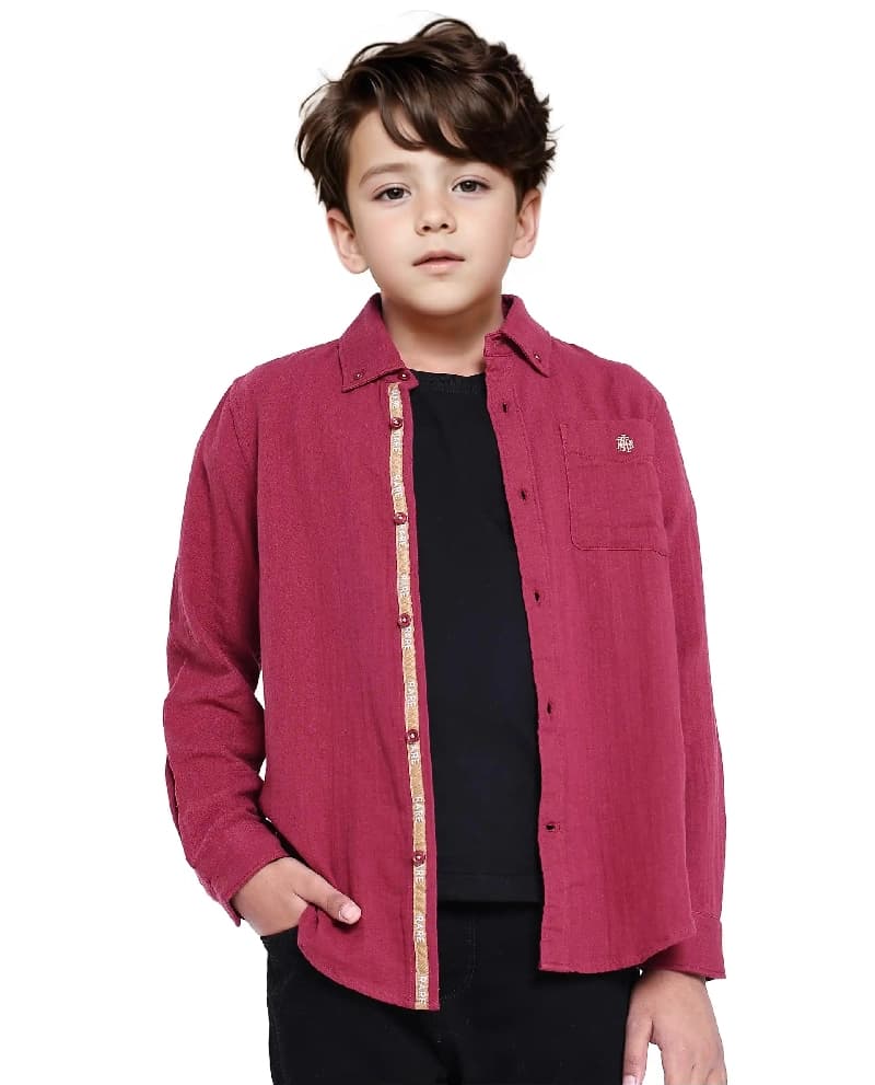 Boys Red Casual Regular Fit Solid Full Sleeves Shirt