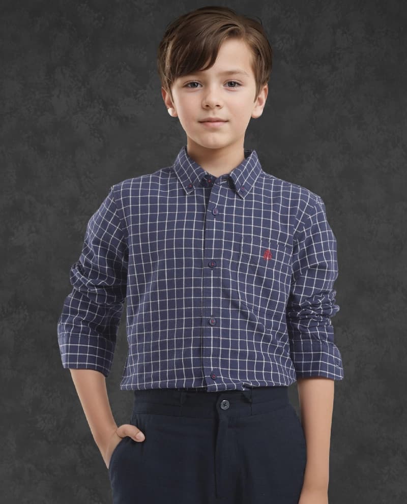 Boys Navy Casual Regular Fit Checkered Full Sleeves Shirt