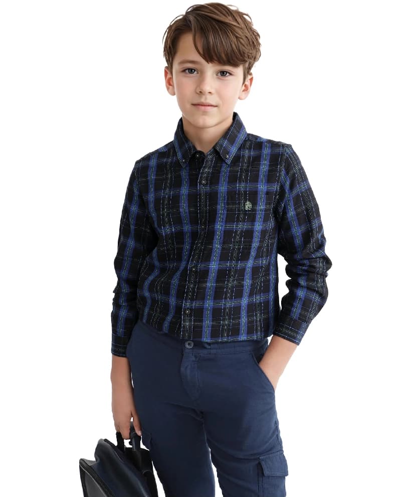 Boys Navy Casual Regular Fit Checkered Full Sleeves Shirt