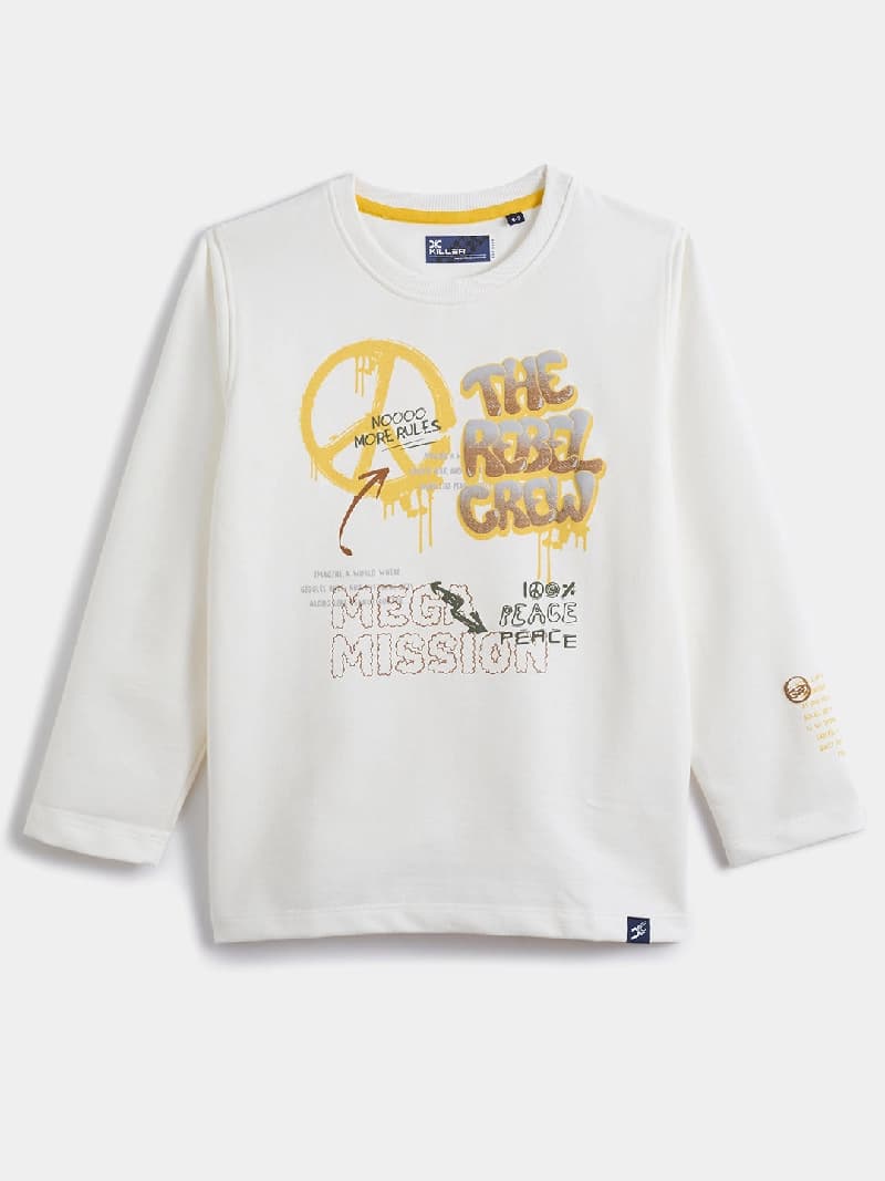 Boys White Casual Slim Fit Printed Full Sleeves Tshirt
