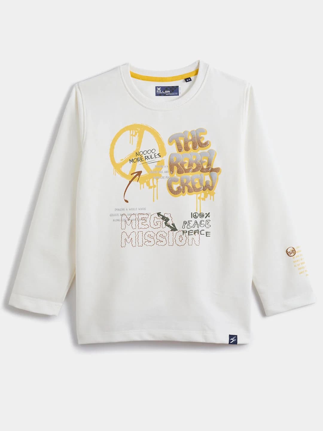 Boys White Casual Slim Fit Printed Full Sleeves Tshirt
